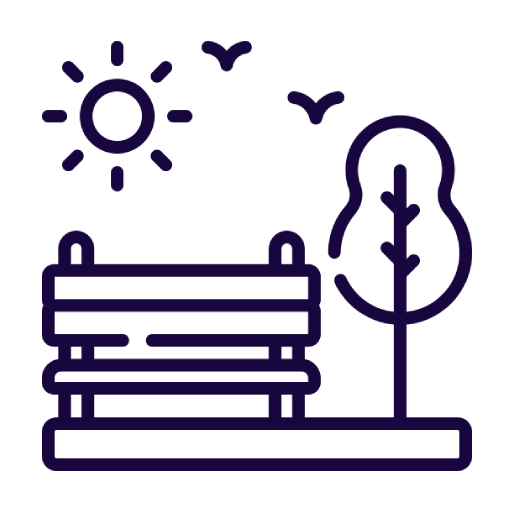 seating under palm trees and lawn