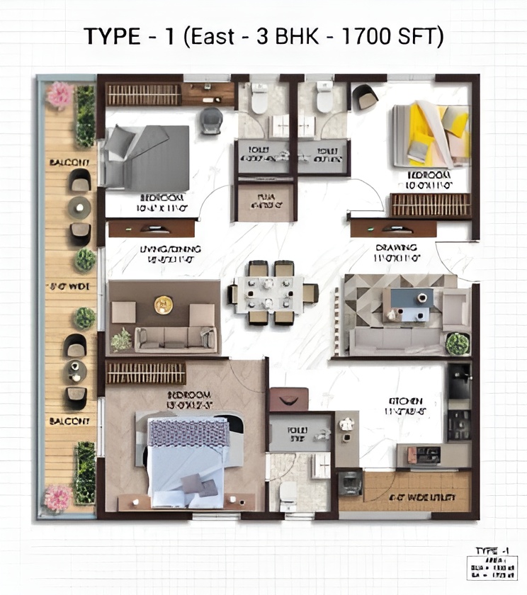 2 BHK east-facing floor plan