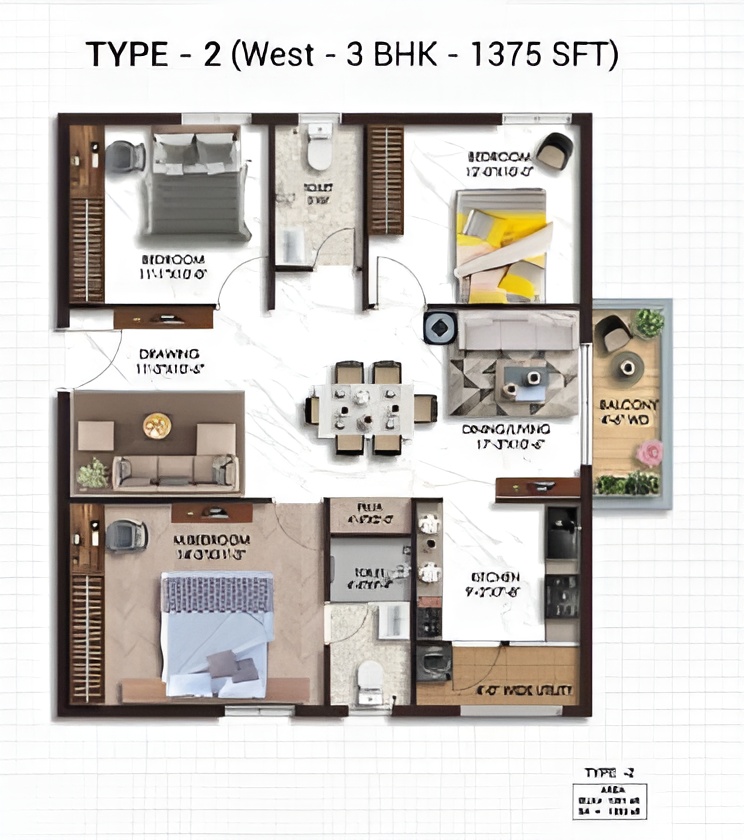 2 BHK west-facing floor plan