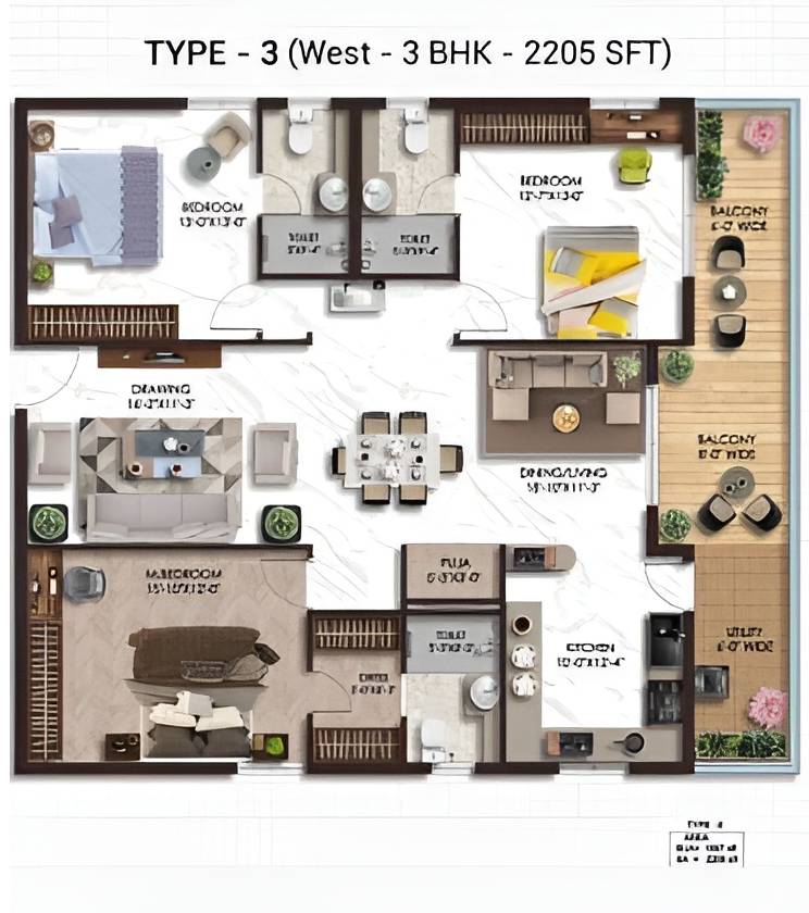 3 BHK east-facing floor plan